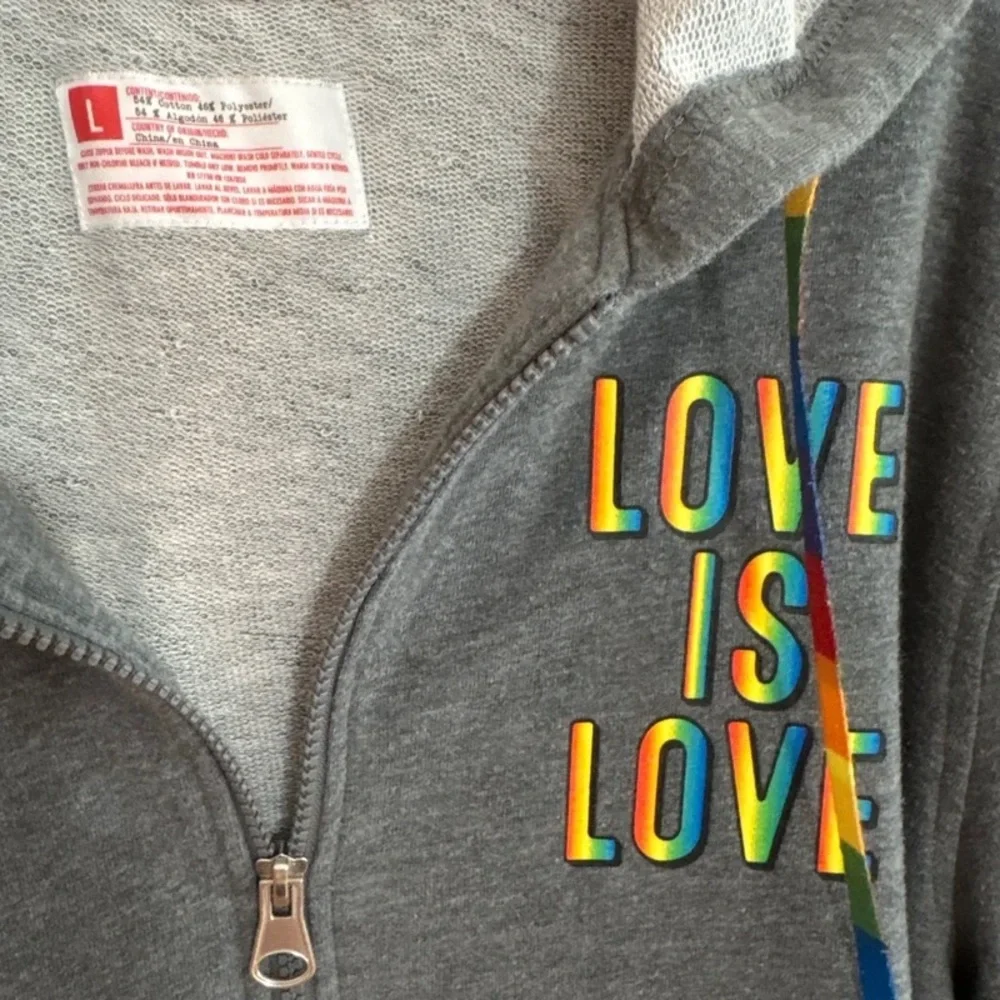 Men's Gray Zip Hoodie Sweatshirt with 'Love Is Love' Accent